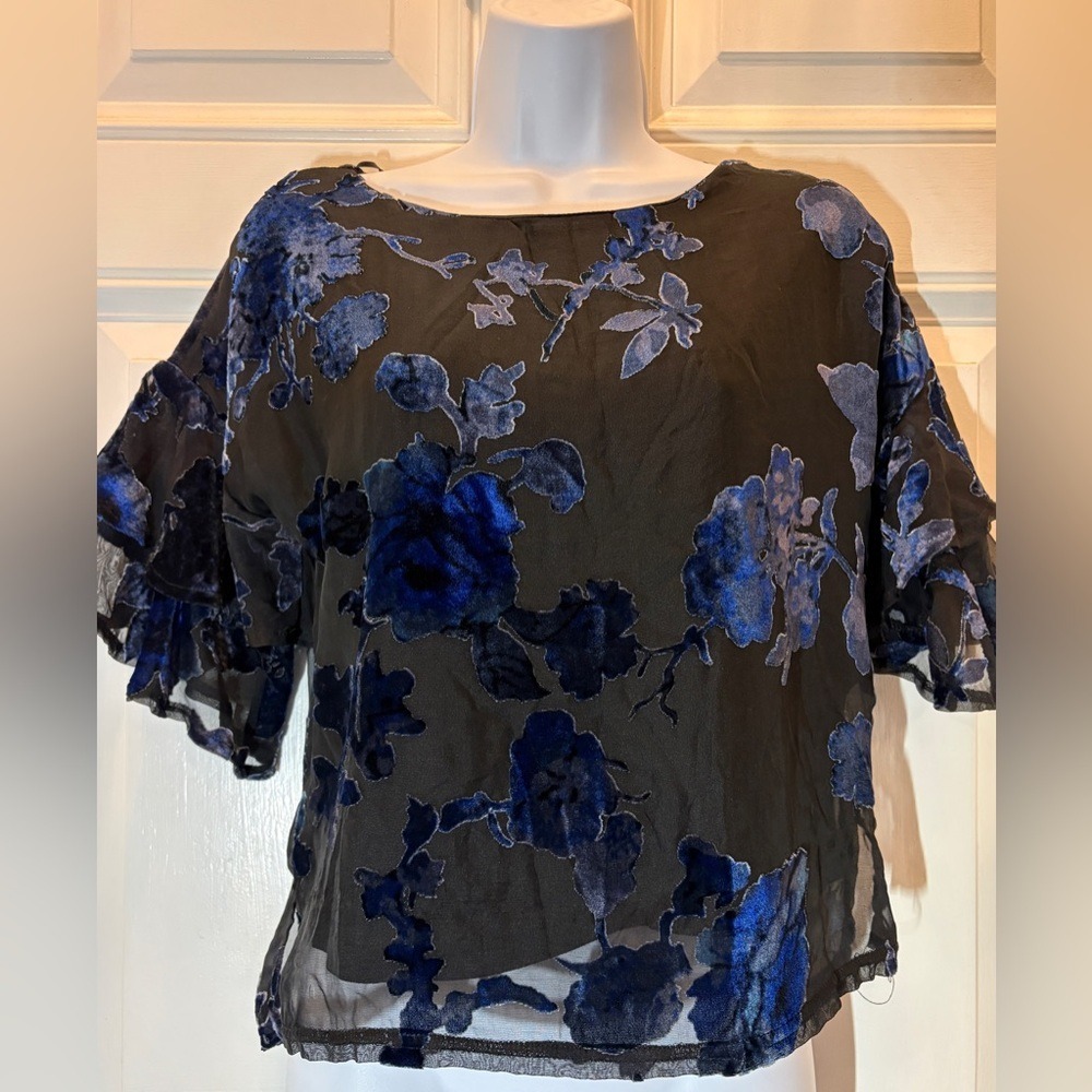 Lily White Womens XS Black Blue Velvet Floral Burnout Ruffle Sleeve Blouse Goth